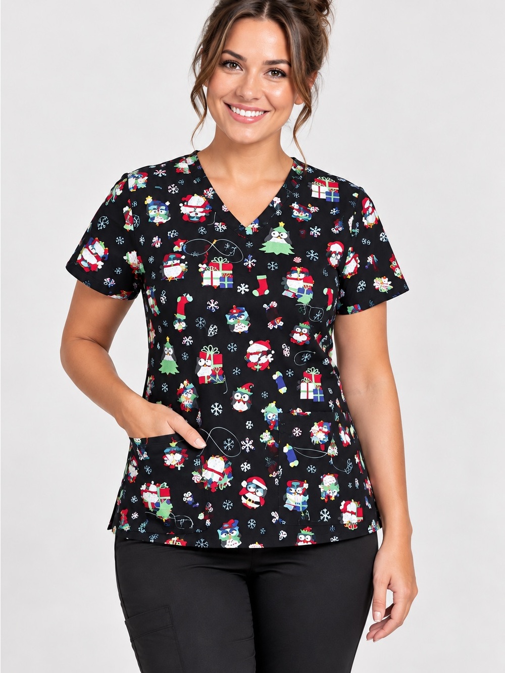 NWT Women’s XL Zoe & Chloe Christmas Penguin Print Scrub Top